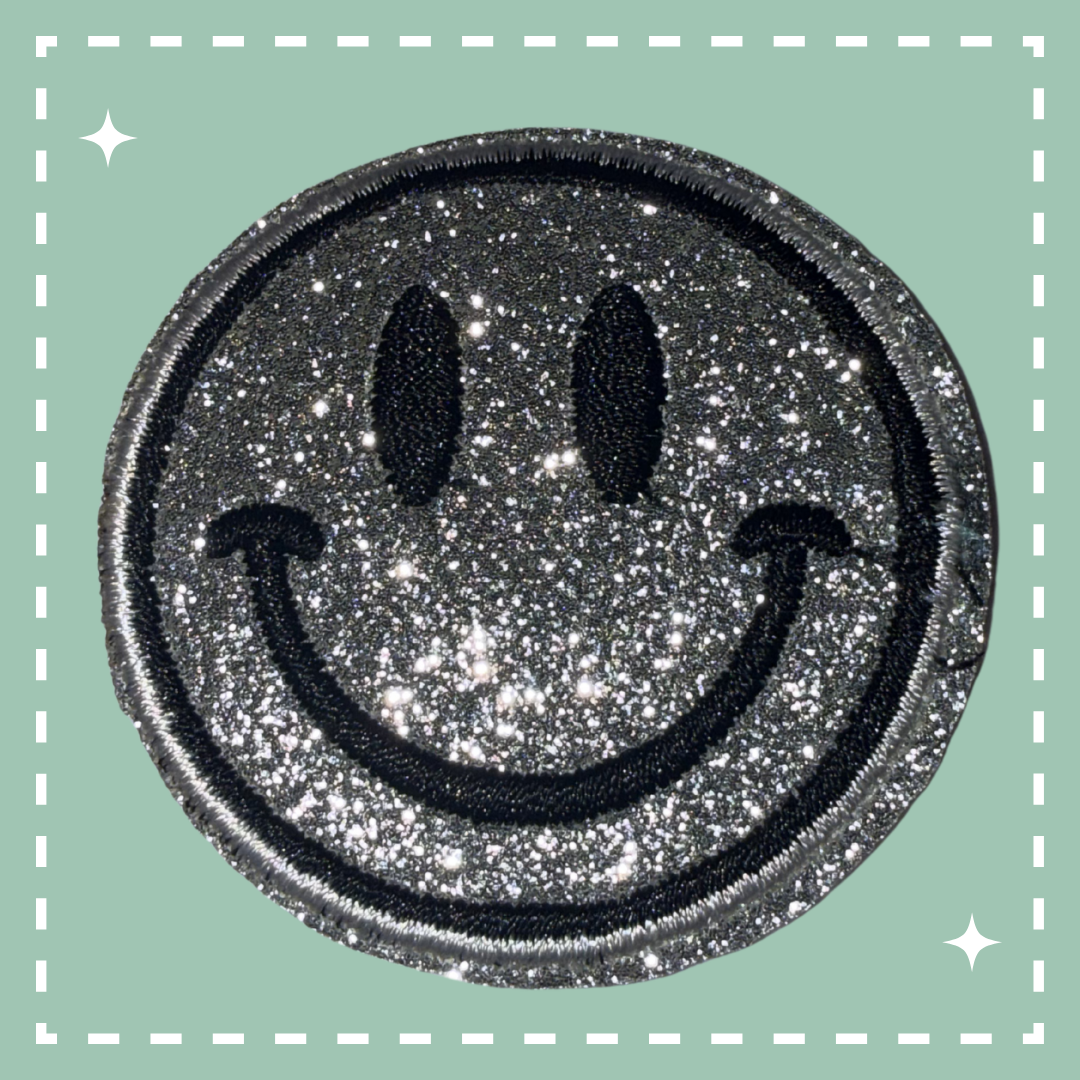 Glitter Smiley Face Patch: Silver/Black