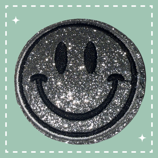 Glitter Smiley Face Patch: Silver/Black