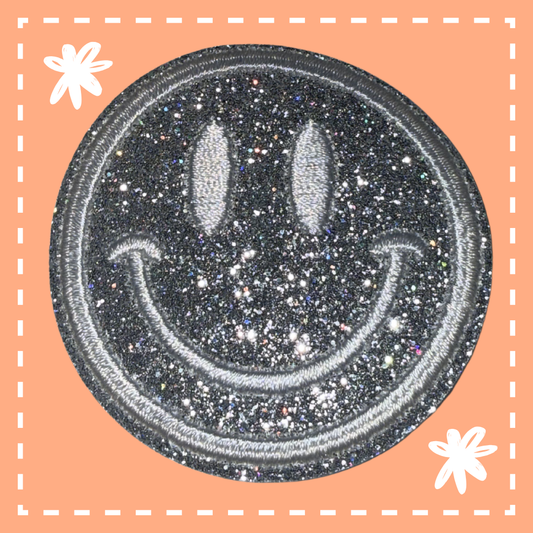 Glitter Smiley Face Patch: Silver/White