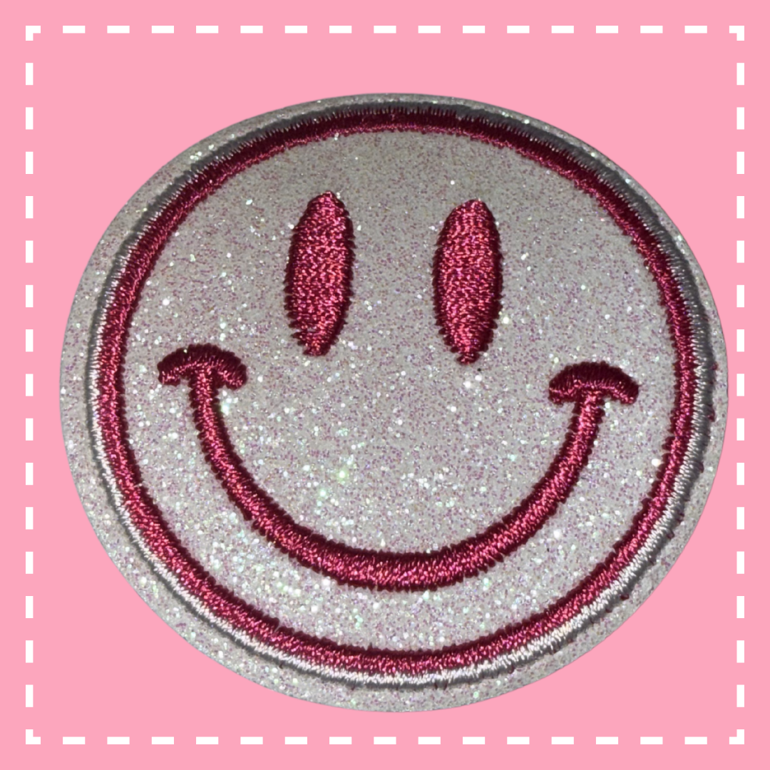 Glitter Smiley Face Patch: White/Hot Pink