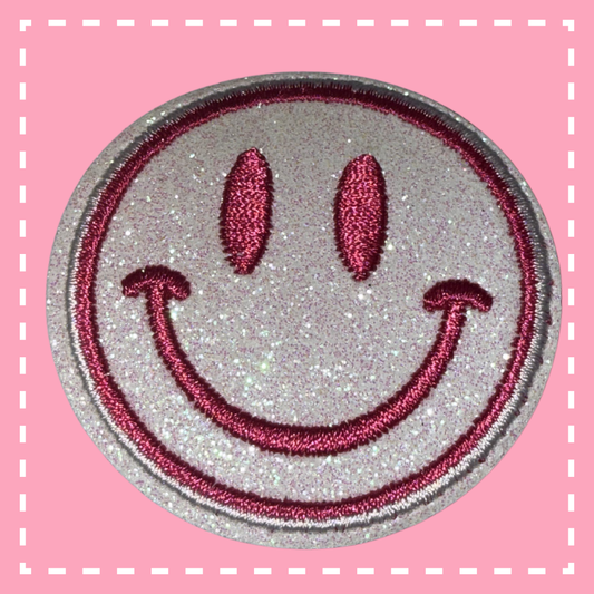 Glitter Smiley Face Patch: White/Hot Pink